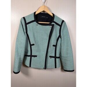 Karen Millen Tweed Moto Blazer Jacket Size 10 Blue Career Classic Work Preppy